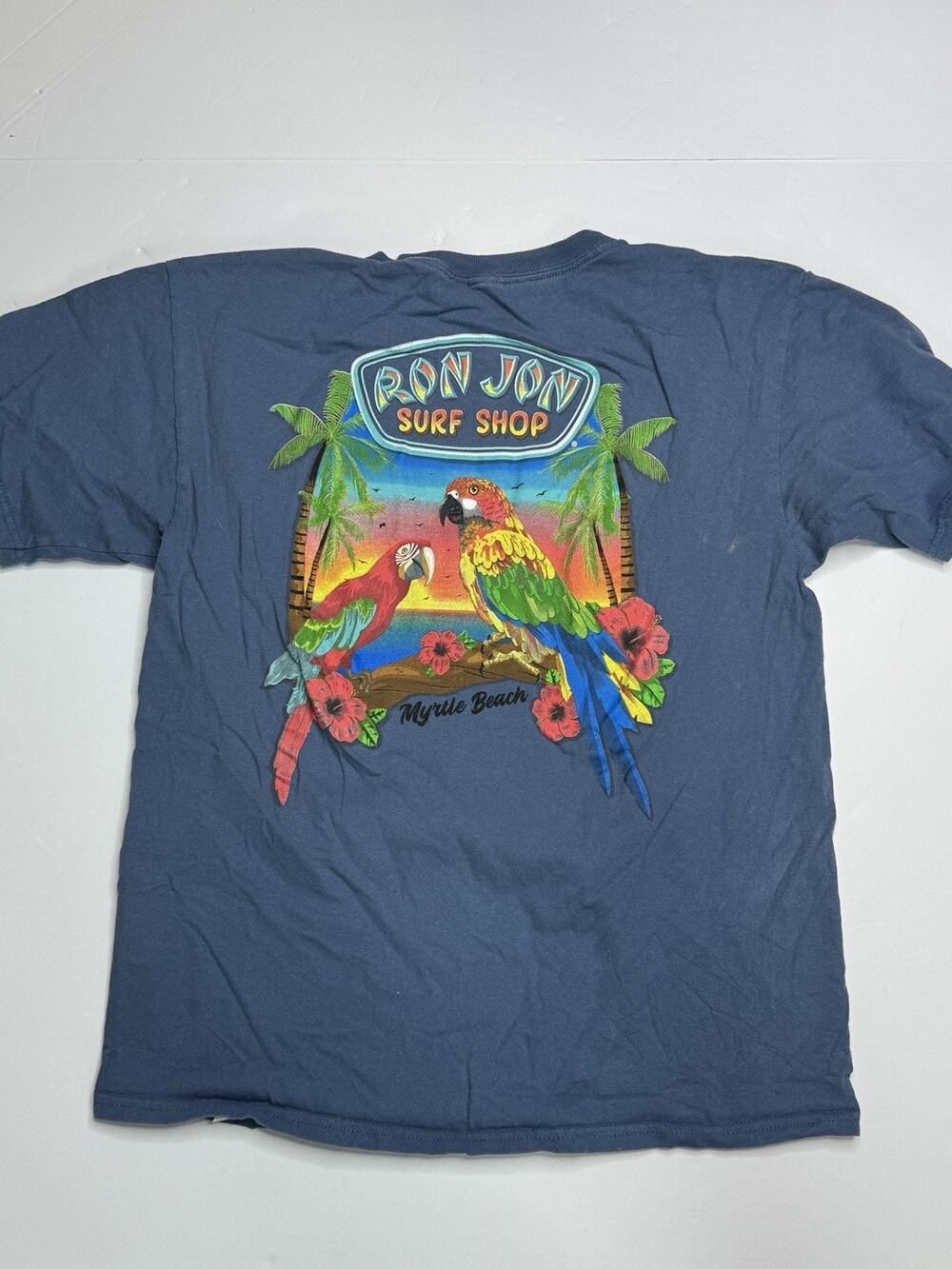 Ron Jon Surf Shop T-Shirt Mens 2XL Blue Myrtle Beach Parrot Tropical Graphic